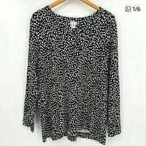 Chico's Black White Speckled Jersey Knit Boat Neck Long Sleeve XL Relaxed Top